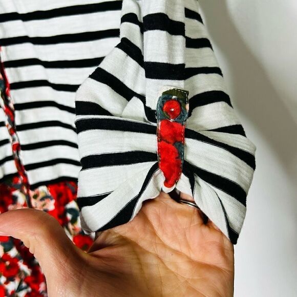 Postmark Anthropologie Black White Stripe Red Poppy Floral Layered Top Blouse Bu - Picture 8 of 13